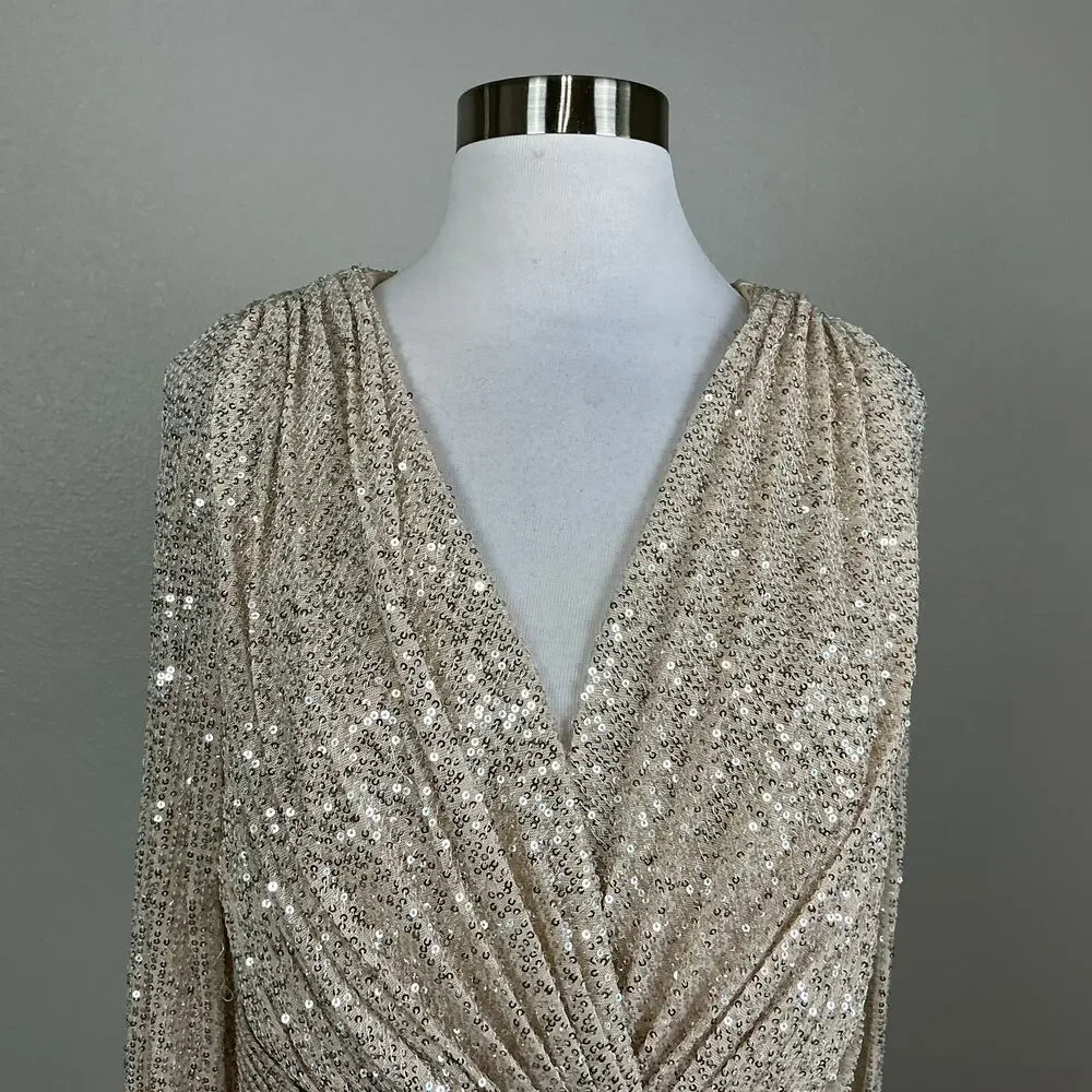 Mac Duggal 26490 Champagne Gold Evening Gown Sequined Long Sleeve Dress Size 16